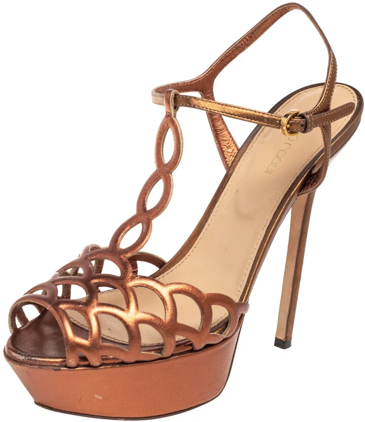 Sergio Rossi Metallic Gold Leather Ankle Strap Platform Sandals Size 38