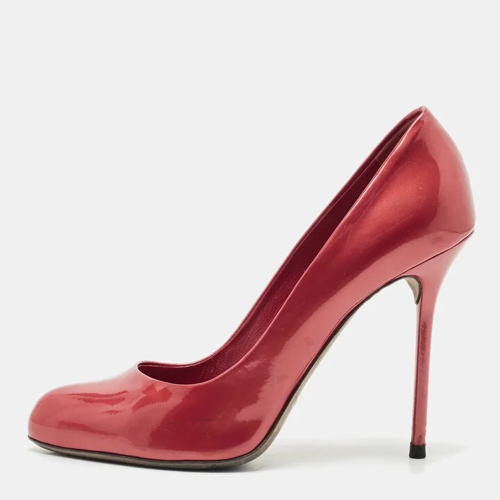 Sergio Rossi Metallic Red Patent Leather Round Toe Pumps Size 38.5