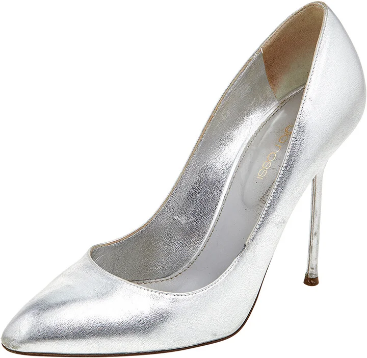 Sergio Rossi Metallic Silver Leather Almond Toe Pumps Size 37.5