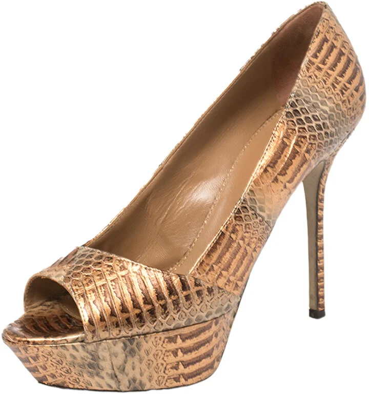 Sergio Rossi Metallic Two Tone Water Snake Leather Platform Pumps Size 39