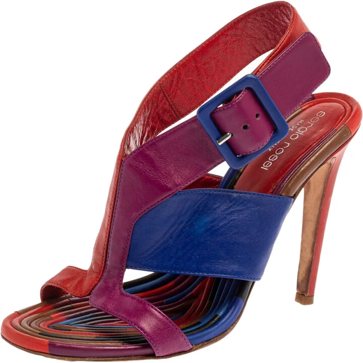 Sergio Rossi Multicolor Leather Buckle Slingback Sandals Size 37.5