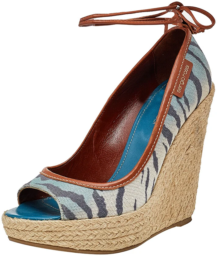 Sergio Rossi Multicolor Printed Canvas And Leather Espadrille Platform Wedge Pumps Size 37.5