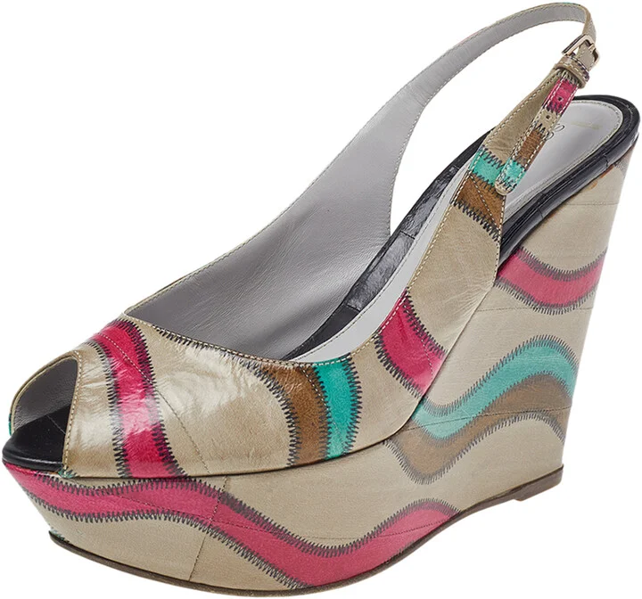 Sergio Rossi Multicolor Stitch Leather Platform Slingback Wedge Sandals Size 39