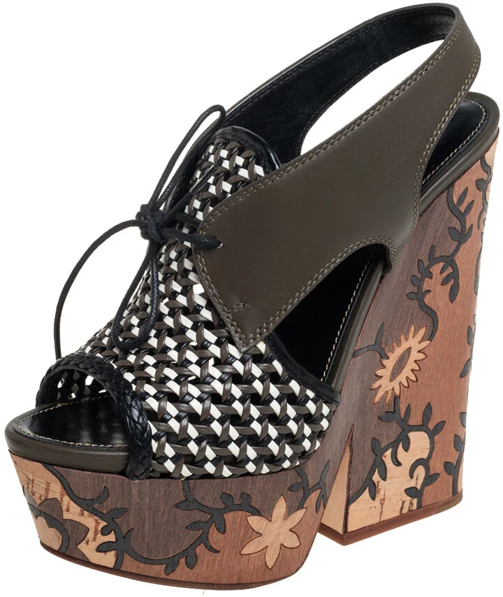 Sergio Rossi Multicolor Woven Leather and Leather Wedge Lace Up Sandals Size 37