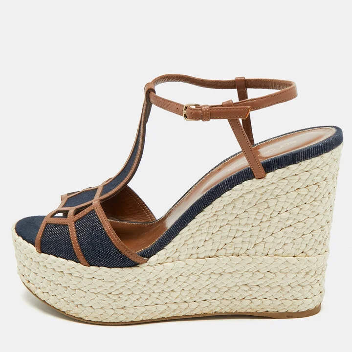 Sergio Rossi Navy Blue/Brown Denim and Leather Espadrille Platform Wedge Sandals Size 40.5
