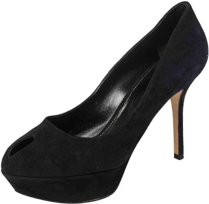 Sergio Rossi Navy Blue Suede Peep Toe Platform Pumps Size 38.5