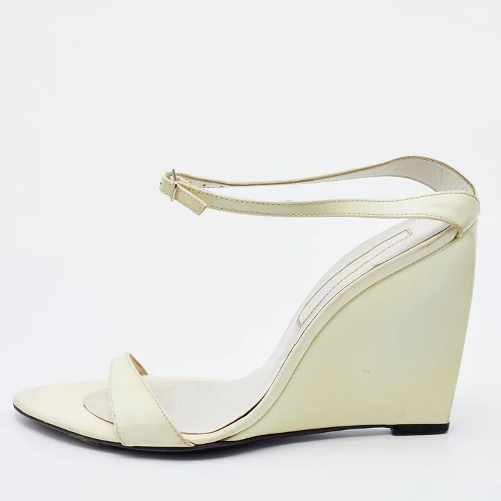 Sergio Rossi Off White Patent Leather Wedge Sandals Size 38