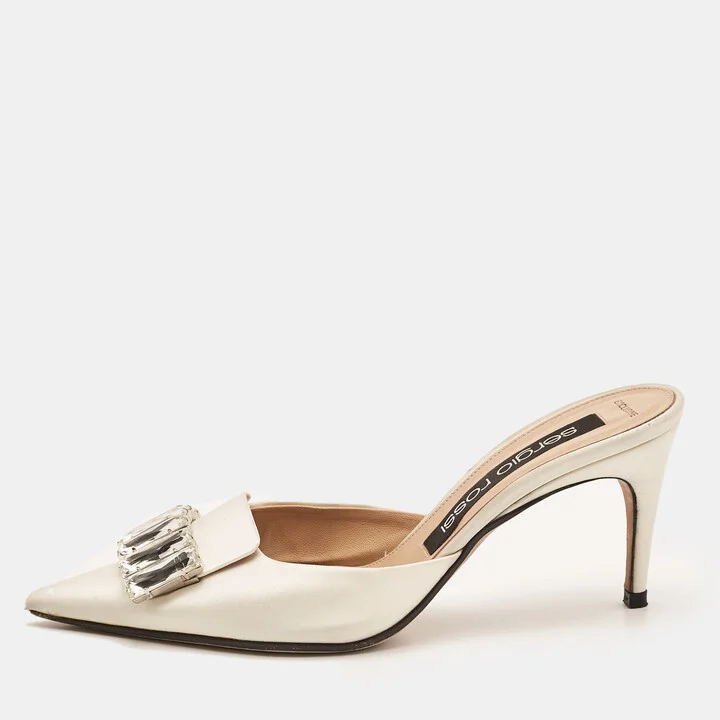 Sergio Rossi Off White Satin Crystal Embellished Mules Size 38.5