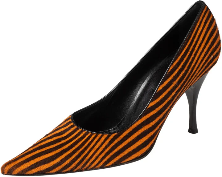 Sergio Rossi Orange/Brown Stripes Print Pony Hair Pointed Toe Pumps Size 41