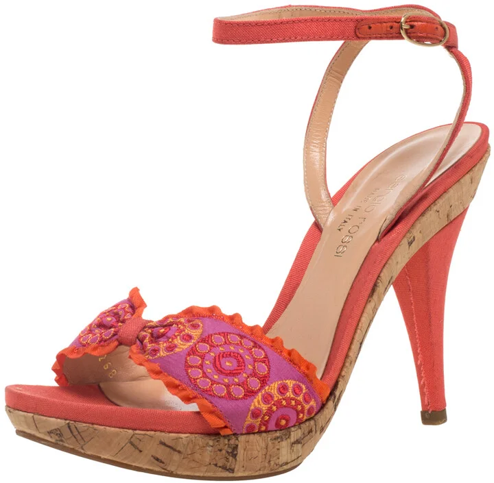 Sergio Rossi Orange Embroidered Strap Sandals Size 37.5
