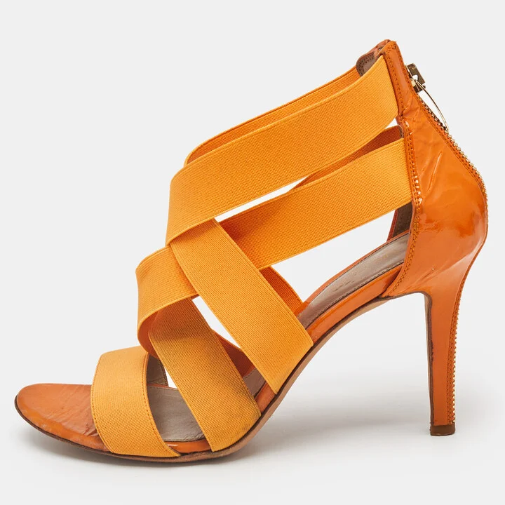 Sergio Rossi Orange Leather and Elastic Strappy Sandals Size 37.5