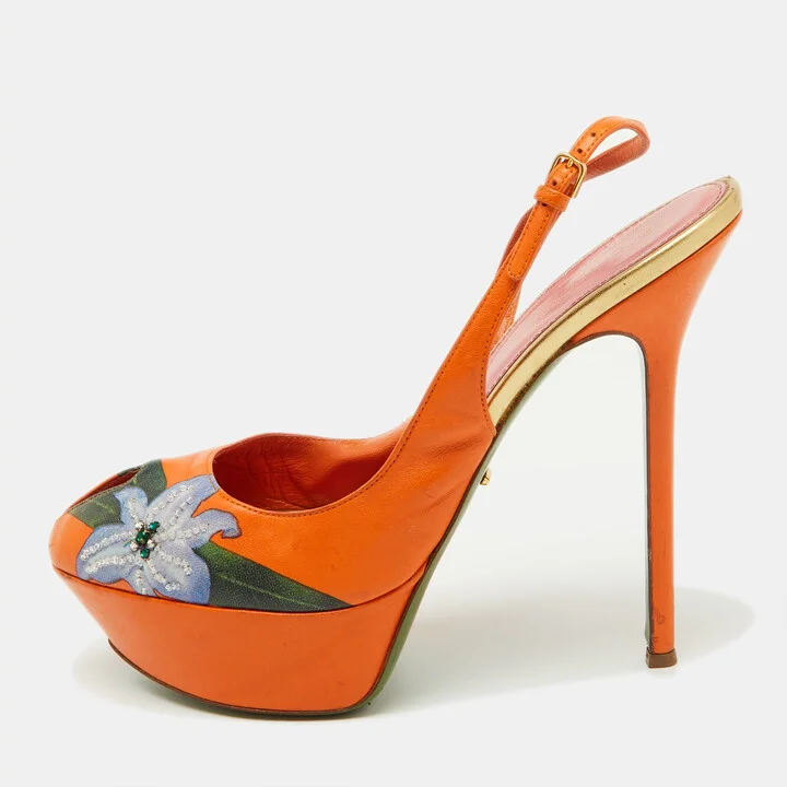 Sergio Rossi Orange Leather Floral Print Peep Toe Platform Slingback Sandals Size 40