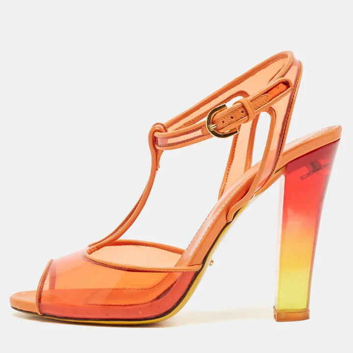 Sergio Rossi Orange Patent Leather and PVC Open Toe T-Strap Sandals Size 37