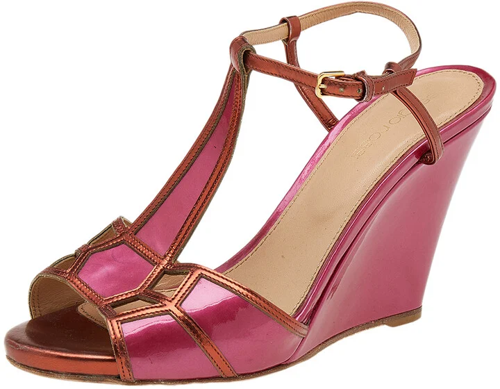 Sergio Rossi Pink/Metallic Bronze Patent And Leather Wedge Ankle Strap Sandals Size 38