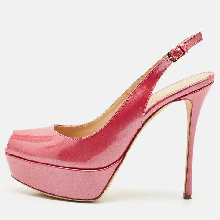 Sergio Rossi Pink Patent Leather Peep Toe Slingback Platform Pumps Size 36