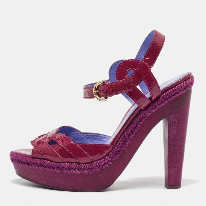 Sergio Rossi Pink Patent Leather Wooden Platform Ankle Strap Sandals Size 39