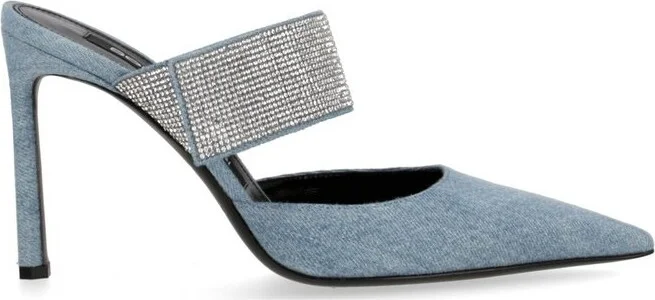 Sergio Rossi Pointed Toe Embellished Denim Pumps