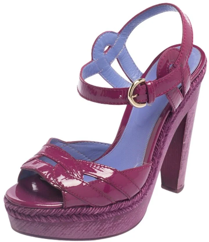 Sergio Rossi Purple Patent Leather Wooden Platform And Heel Ankle Strap Sandals Size 36