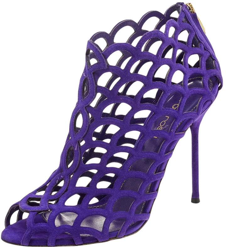 Sergio Rossi Purple Suede Scalloped Peep Toe Caged Booties Size 37