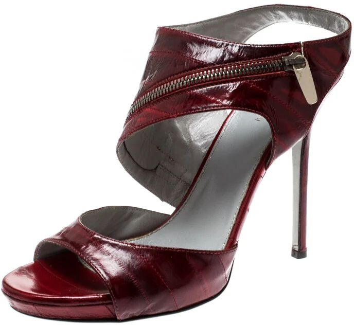 Sergio Rossi Red Eel Skin Peep Toe Ankle Strap Sandals Size 40