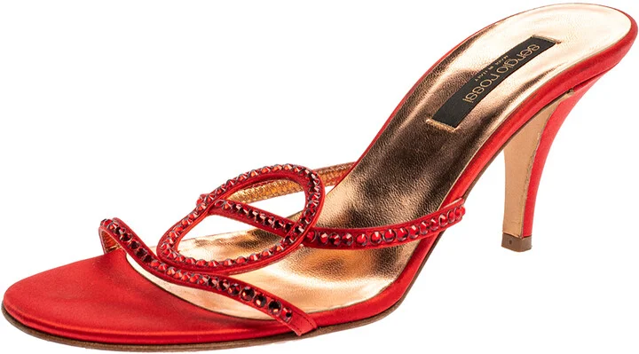Sergio Rossi Red Satin Crystal Embellished Slip On Sandals Size 37.5