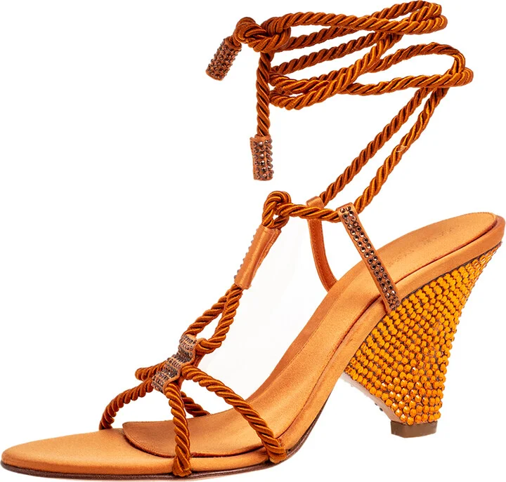 Sergio Rossi Rust Satin Rope Ankle-Wrap Sandals Size 41