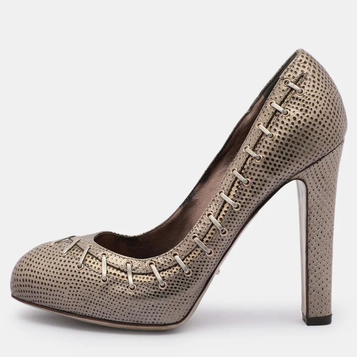 Sergio Rossi Silver/Brown Lizard Embossed Leather Embellished Pumps 37
