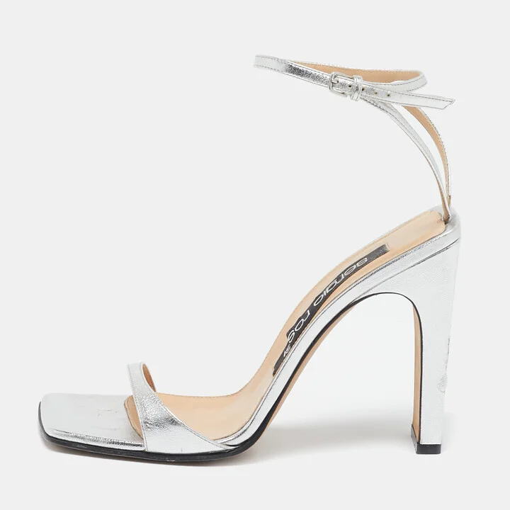 Sergio Rossi Silver Leather Ankle Strap Sandals Size 39