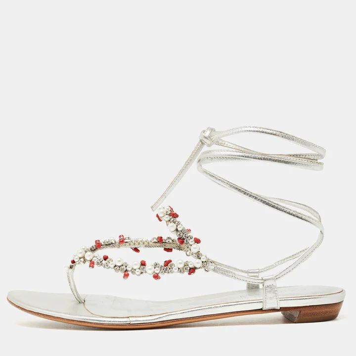 Sergio Rossi Silver Leather Crystal Embellished Ankle Wrap Flat Slides Size 37.5