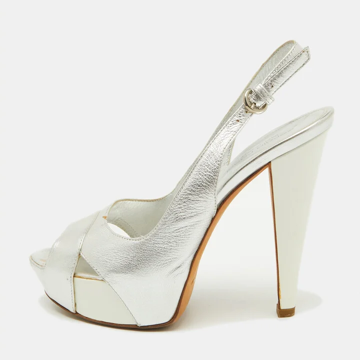 Sergio Rossi Silver Leather Slingback Platform Sandals Size 37