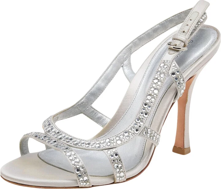Sergio Rossi Silver Satin Crystal Embellished Slingback Sandals Size 36.5