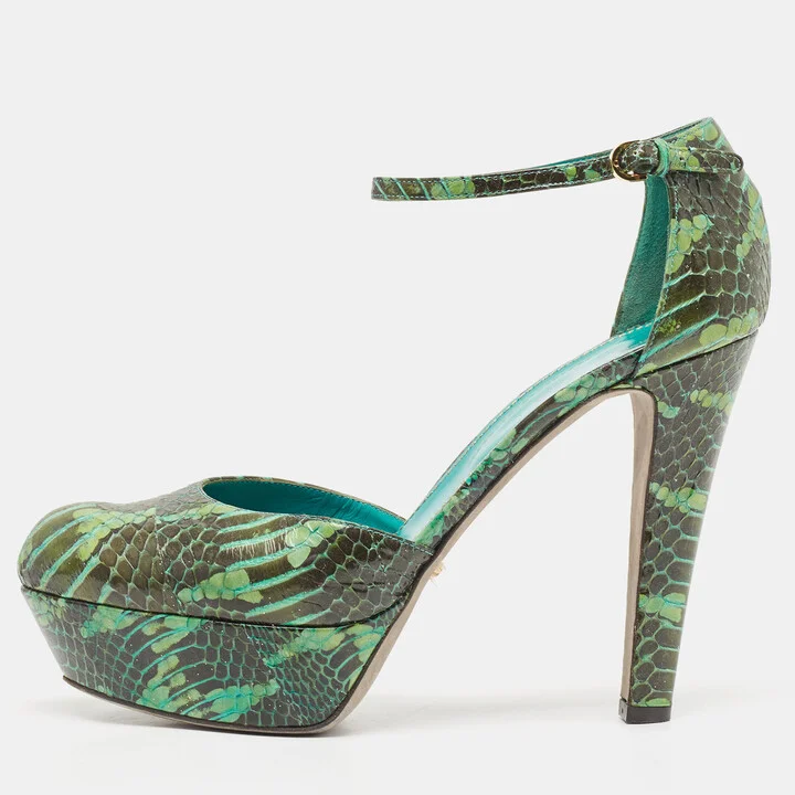 Sergio Rossi Two Tone Watersnake Platform Ankle Strap Pumps Size 39.5