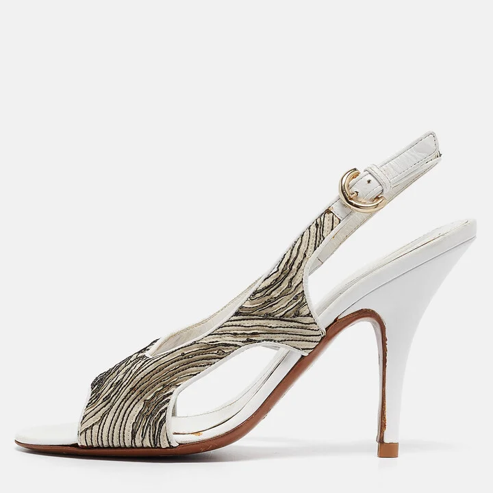 Sergio Rossi White/Black Pleated Fabric Slingback Sandals Size 39
