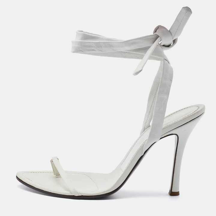 Sergio Rossi White Leather Ankle Wrap Sandals Size 38