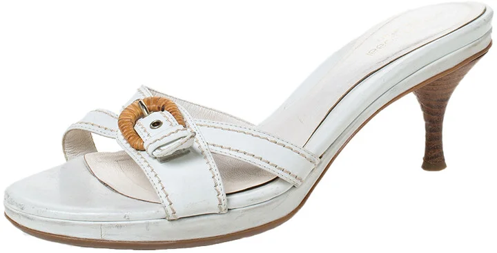 Sergio Rossi White Leather Buckle Detail Platform Slide Sandals Size 39.5