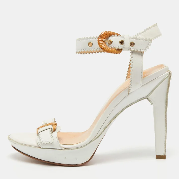 Sergio Rossi White Leather Buckle Toe Platform Sandals Size 38