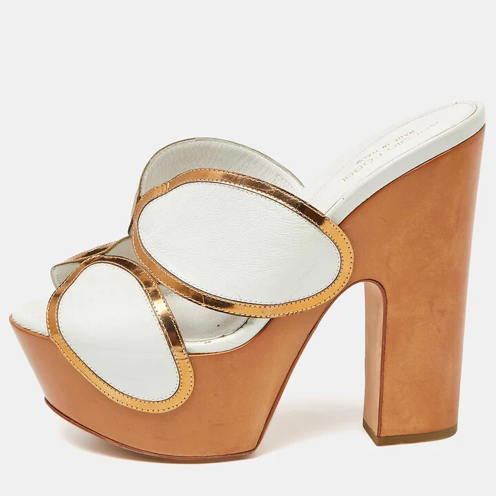 Sergio Rossi White Leather Wooden Platform Slide Sandals Size 38