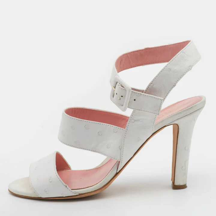 Sergio Rossi White Ostrich Leather Ankle Strap Sandals Size 39