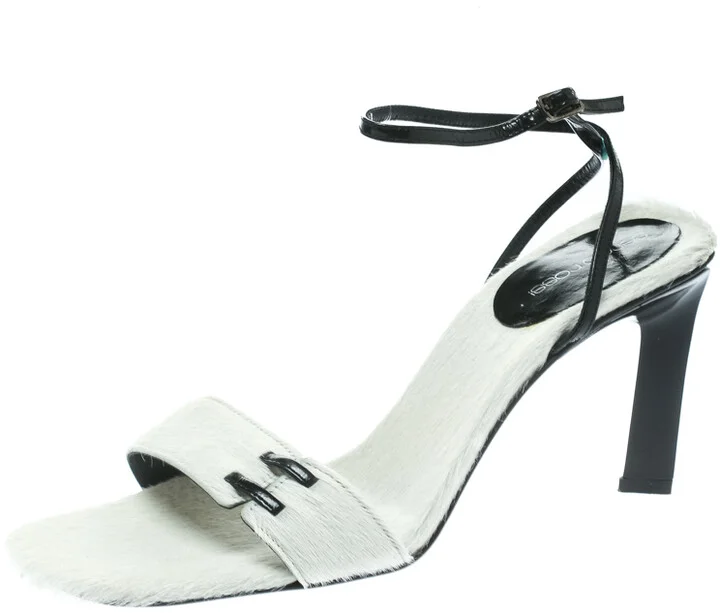 Sergio Rossi White Pony Hair Ankle Wrap Sandals Size 38.5