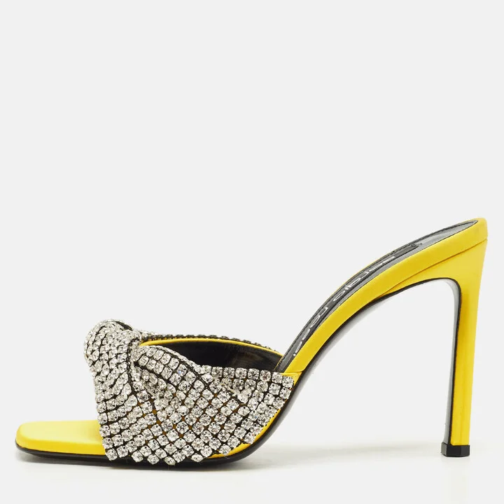 Sergio Rossi Yellow Satin Evangelie Crystal Embellished Slide Sandals Size 38