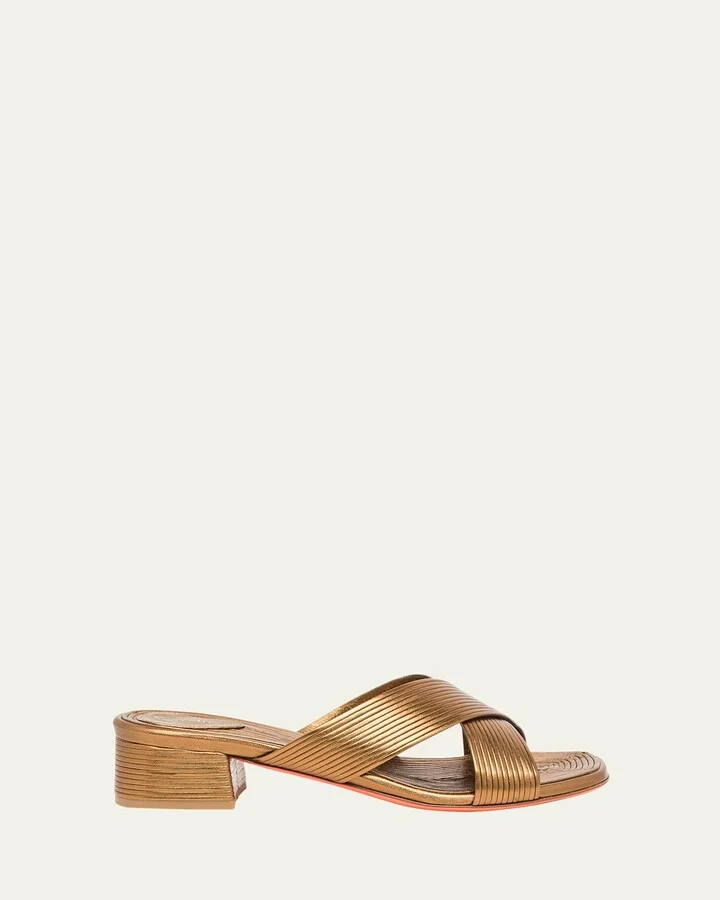 Serpentine Metallic Leather Crisscross Mule Sandals