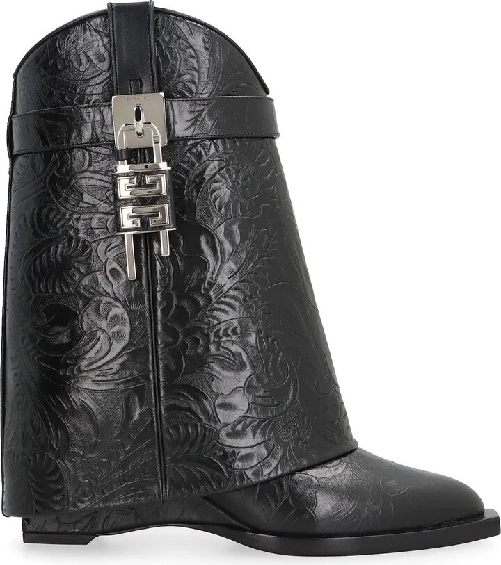 Shark Lock Cowboy Leather Ankle Boots