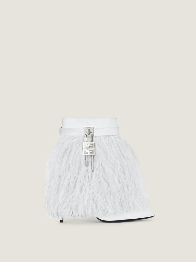 Shark Lock Stiletto ankle boots in satin with feathers