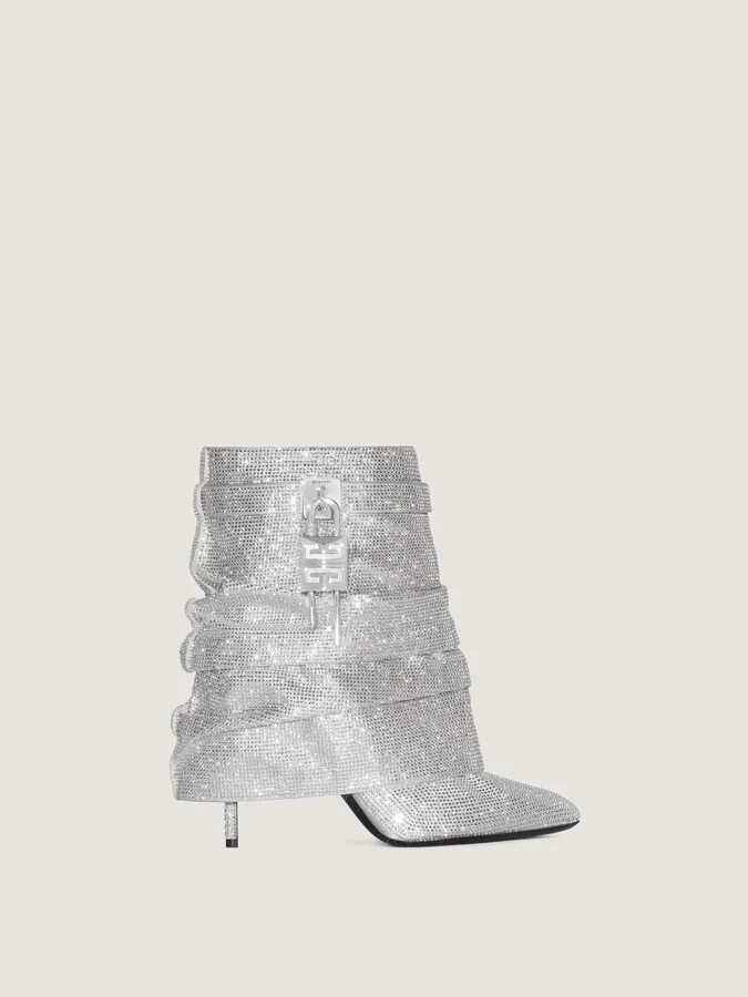Shark Lock Stiletto ankle boots in satin with strass