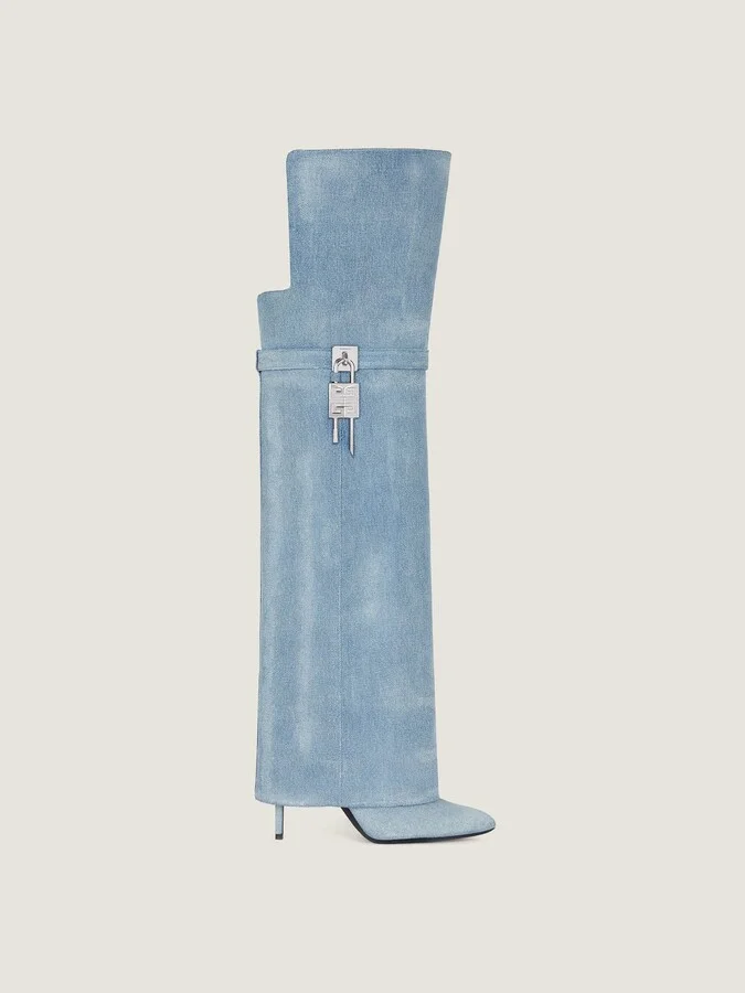 Shark Lock Stiletto over-the-knee boots in washed denim