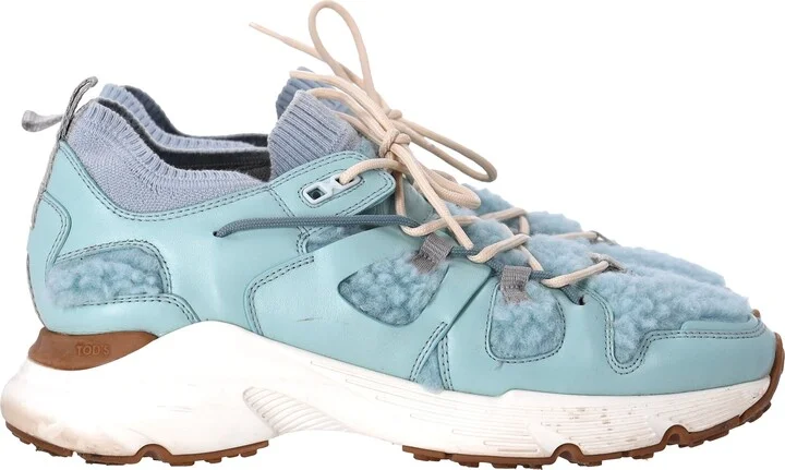 Sheared Lace-Up Sneakers in Blue Leather