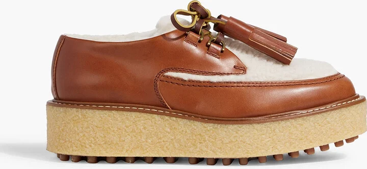 Shearling and leather platform brogues