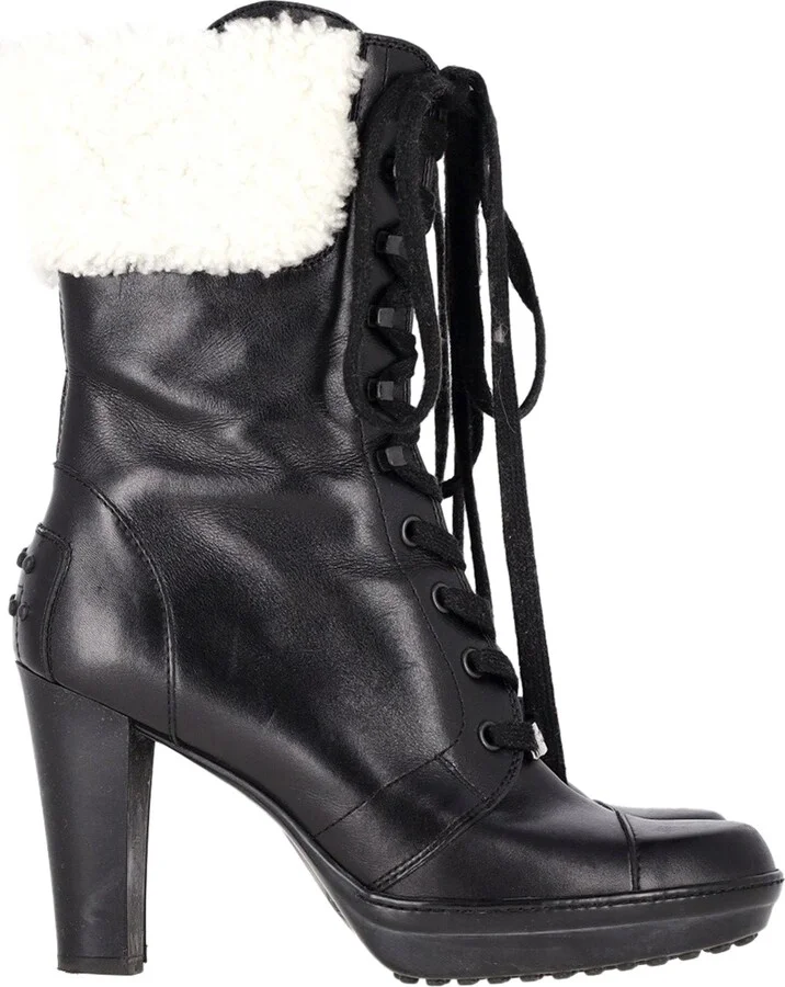 Shearling Lace-Up Heeled Boots in Black Leather