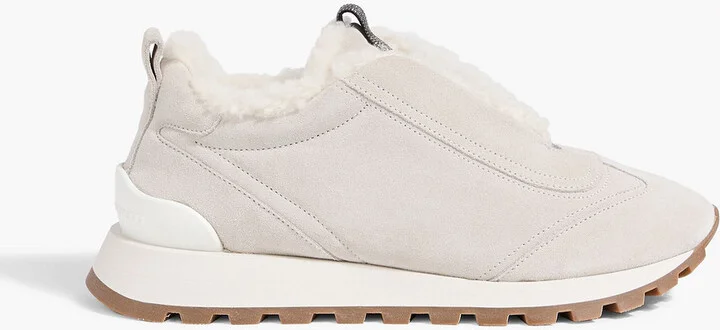Shearling-lined bead-embellished suede slip-on sneakers