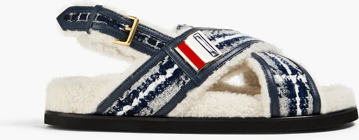 Shearling-lined bouclé slingback sandals